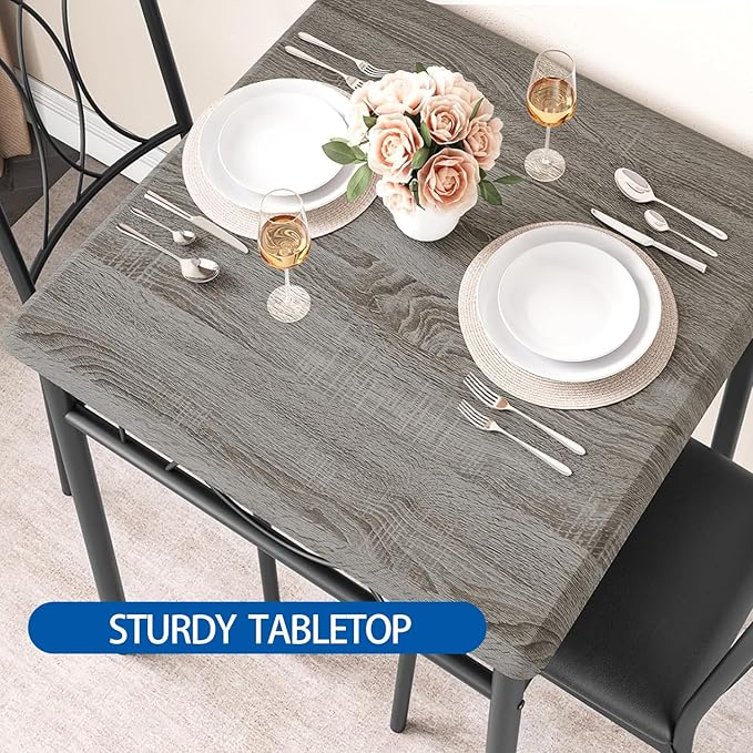 IDEALHOUSE Dining Table Set for 2, Square Dinner Table Sets with 2 Upholstered Chairs, Small Kitchen Table and Chairs for 2, Corner Dining Room Table Set for Apartment, Small Space, Dinner, Retro Gray