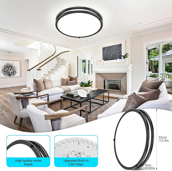 libtit 13 Inch LED Ceiling Lights with Remote for Bedroom Kitchen, 24W 2400lm Super Bright & Dimmable Flush Mount Light Fixtures, 2700K-6500K Adjustable Modern Lamps with Timer, Black, 2Pack