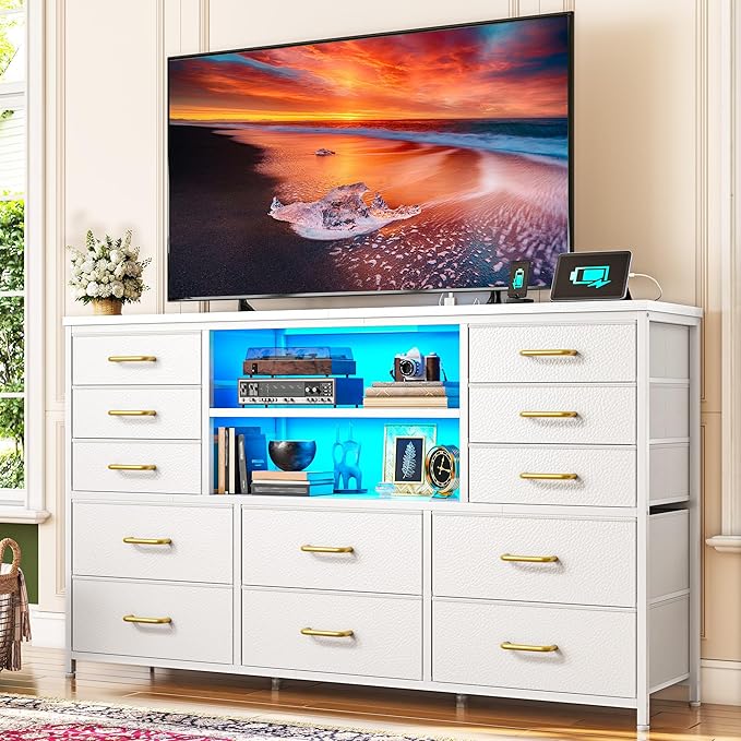 White TV Stand with 12 Fabric Drawers for 55 inch TV, Entertainment Center with Charging Station & LED Lights, TV Media Console Table with 2 Open Storage Shelves for Living Room, Dorms, Wood Top
