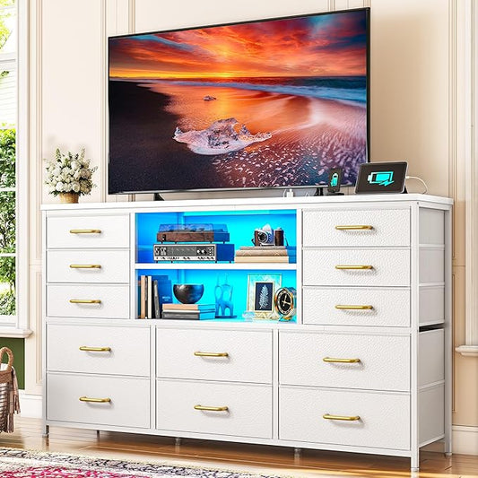 White TV Stand with 12 Fabric Drawers for 55 inch TV, Entertainment Center with Charging Station & LED Lights, TV Media Console Table with 2 Open Storage Shelves for Living Room, Dorms, Wood Top