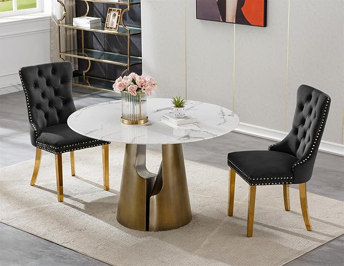 3-Piece Faux Marble Round Dining Table Set for 2, Modern Luxury Kitchen Table Set for 2 with Black Tufted Chairs,Circle Dining Tables with White Marble Grain Top and Bronze Pedestal Base