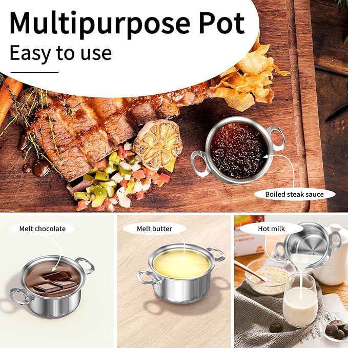 Macevia Mini Sauce Pan with Lid,Stainless Steel Butter Warmer Small Pot, For All Stoves Multipurpose Use for Home Kitchen or Restaurant (13.5oz/400ml) - Silver