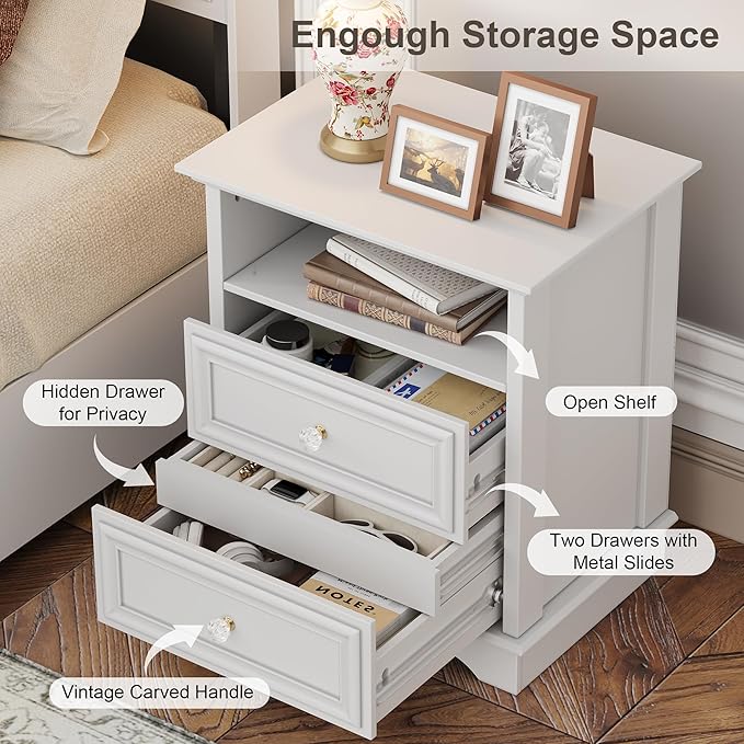 XIAO WEI Nightstand with Hidden Drawer, 2-Drawer Nightstand with Open Shelf – Sturdy Wood Bedroom End Table for Storage, Modern Furniture for Bedroom Organization, White