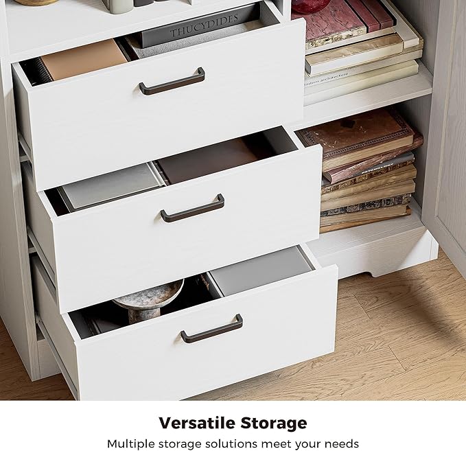 IRONCK Bookshelf with Drawers, 70.9 inch Tall Bookcase with Doors, Bookshelves and Bookcases with Storage, Bookshelf with 6 Open Cubes for Home Office, Living Room, Study, White