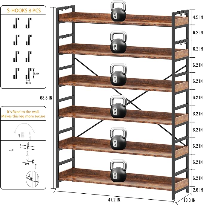 HCHQHS 6 Tier Bookshelf, Adjustable Industrial Bookcase, Vertical Tall Book Shelf, Wood and Black Metal Open Bookshelves for Home Office, Living Room, Bedroom