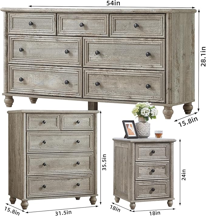 Farmhouse Dressers & Night Stand Set of 3, Wood 54" Wide Dresser & 35.5"Tall Chest of Drawers, 18" Roman Column Nightstand, Bedroom Furniture 7 Drawer Dresser Set for Bedroom Home Living Room Hallway