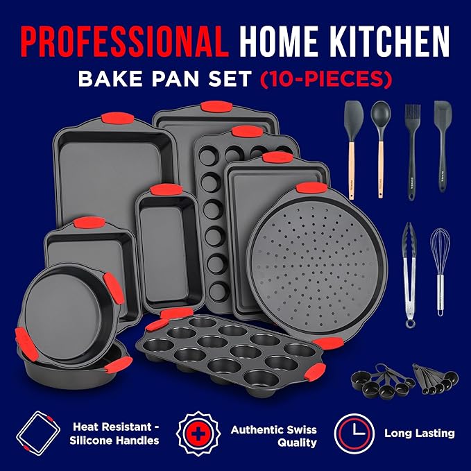 BAKKEN Kitchen Baking Pan Set - Nonstick Coating, Carbon Steel Bakeware Sets with Red Silicone Handles, Baking Kitchen Essentials, PFOA, PFOS, PTFE Free, Oven Safe Tray (Up To 450° F), Set of 18