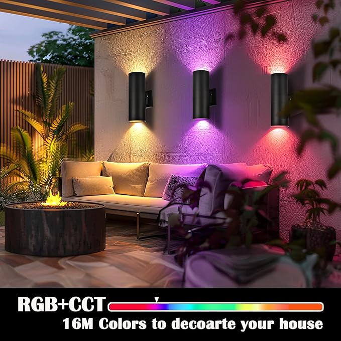 RGB Outdoor Wall Light Fixtures, Smart Cylinder Exterior Lighting Fixtures Wall Mount, Color Changing Up Down Wall Sconce, LED Outdoor Porch Lights for House Front Door Garage