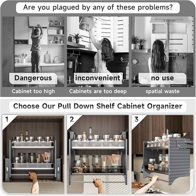 Pull Down Heavy Duty Shelf Organizer for Kitchen Upper Cabinet, 2-Tier Pull Down Cabinet Organizer, Adjustable Width of 33.8-35.8 Inch, White
