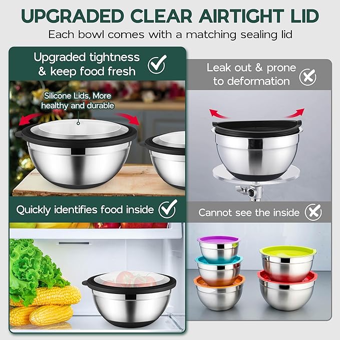 Mixing Bowls with Lids Set of 6 for Kitchen, Stainless Steel Metal Nesting Bowls with Non-Slip Bottom Black - Size 1, 1.5, 2, 2.6, 3.5, 7QT