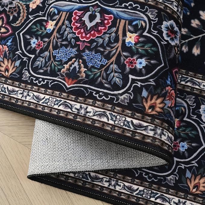 Runner Rug 2x6 Vibrant Tree of Life-Patterned Vintage Kitchen Rugs Non Slip Washable Soft Carpet Runner for Laundry Bedroom Bathroom, Black