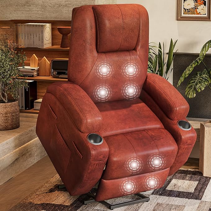Flamaker Power Lift Chair with Vibration Massage Luxurious Leathaire Fabric Electric Lift Recliner for Elderly Power Lift Recliner Chair with Cup Holders Side Pockets for Living Room (Red Brown)