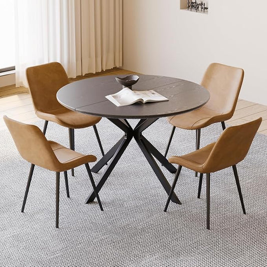 46.4" Round Dining Table Set with 4 Chairs, Modern Dining Set with Comfortable PU Leather Chairs, Sturdy MDF Table with X-Shaped Base, Easy Assembly, Ideal for Dining Room or Kitchen