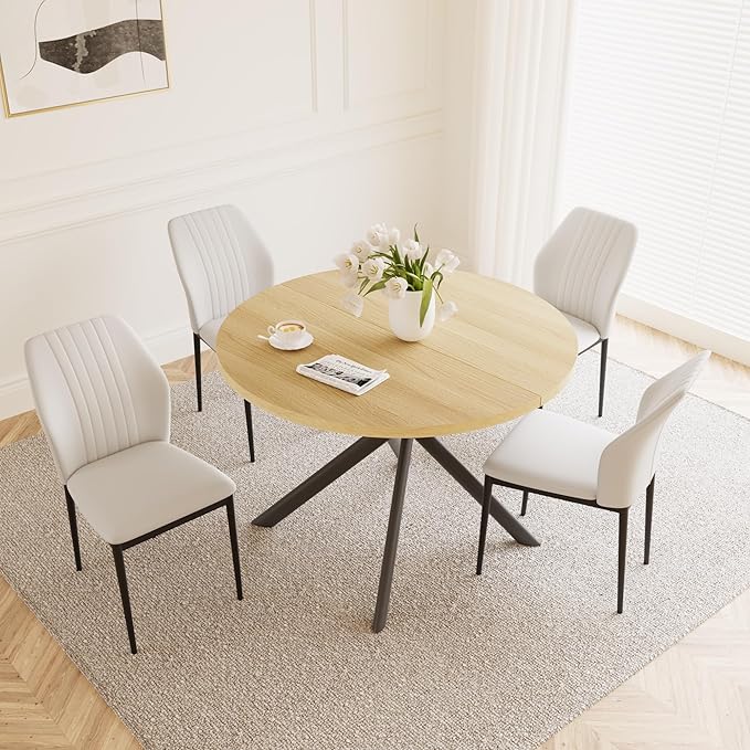 45.3'' Walnut Round Dining Table Set for 4, Mid Century Modern Small Coffee Set for Dining Room Kitchen Apartment (Cream Table + 4 White Chairs)