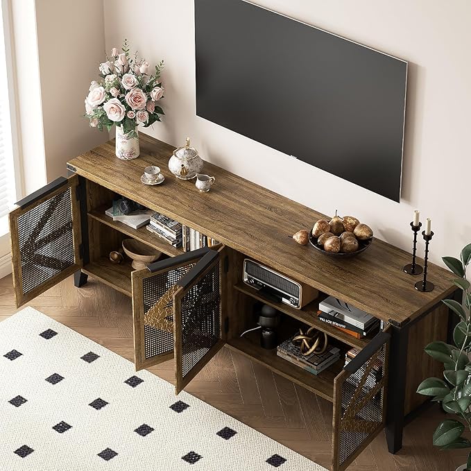 VFK 70 Inch Farmhouse TV Stand for 75 Inch TV, Rustic Entertainment Center with 4 Doors, Wood Media Console Cabinet with Storage, Living Room TV Cabinet