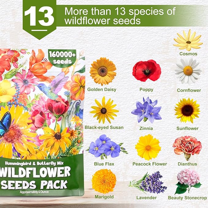 160000+ Wildflower Seeds Planting - 4oz Varieties Including Sunflower, Lavender, Zinnia & More, Attracts Bees & Butterflies, High Germination Rate, Easy to Grow for Garden, Balcony