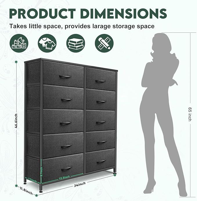 Dresser for Bedroom with 10 Drawers, Chest of Drawers, Storage Drawers Organizer Unit, Black Wide Fabric Dresser with Fabric Bins for Closet, Living Room, Entryway (Black and Charcoal Black)