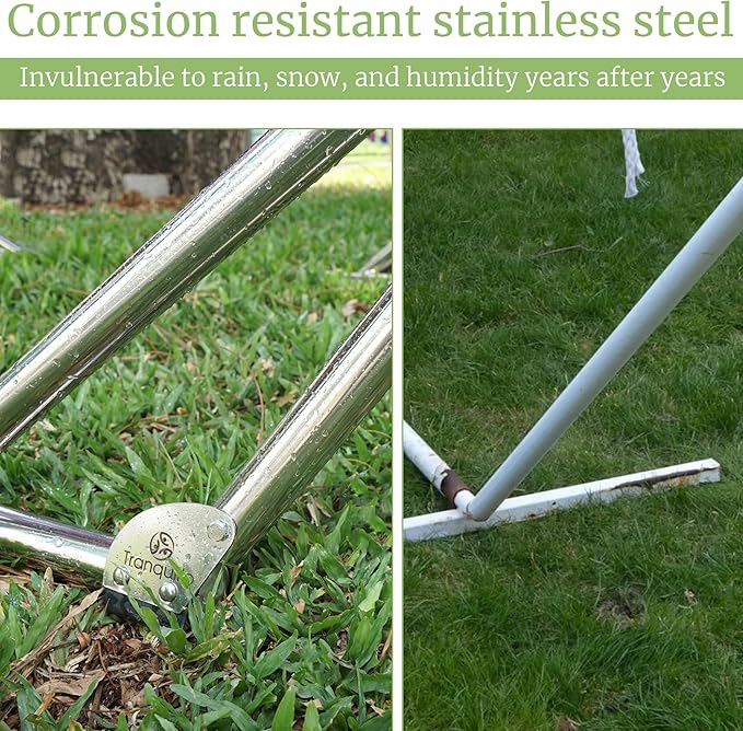 Tranquillo Double Hammock with Stand 650lb Capacity Double Hammock with Spreader Bar, Solid Grade 201 Stainless Steel 30s Set Up, Sturdy Flexible Hammock Stand Portable, Outdoor Indoor, Grey