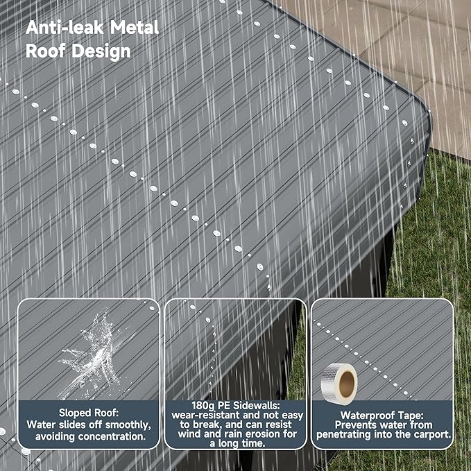 10x15FT Metal Carport Kits with Galvanized Steel Roof, Heavy Duty Metal Frame Carports Canopy with Removable Sidewalls, Garage Car Tent Shelter for Tractors, Boat, Car, Gray