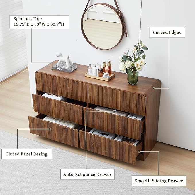 Fluted 6 Drawers Dresser for Bedroom, 53" Wide Mid Century Modern Chest of Drawers with Curved Profile Design, Large Wood Double Dresser for Living Room (Walnut)