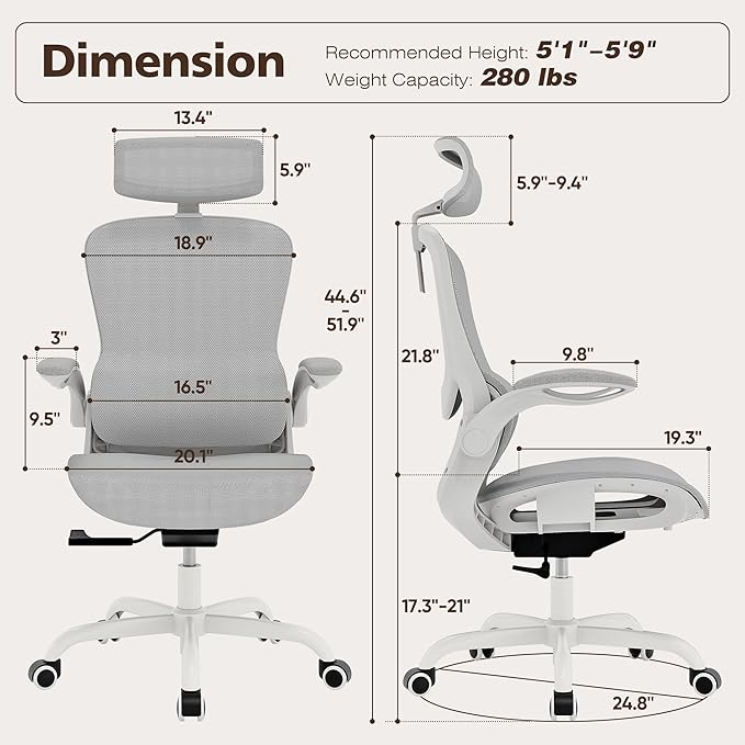 GABRYLLY Ergonomic Mesh Office Chair- White Desk Chair, Flip-Up Armrest, Adjustable Headrest, Tilting with Soft Seat and PU Wheel, Elite Home Desk Chair for Work, Study, Gaming (GY1108)