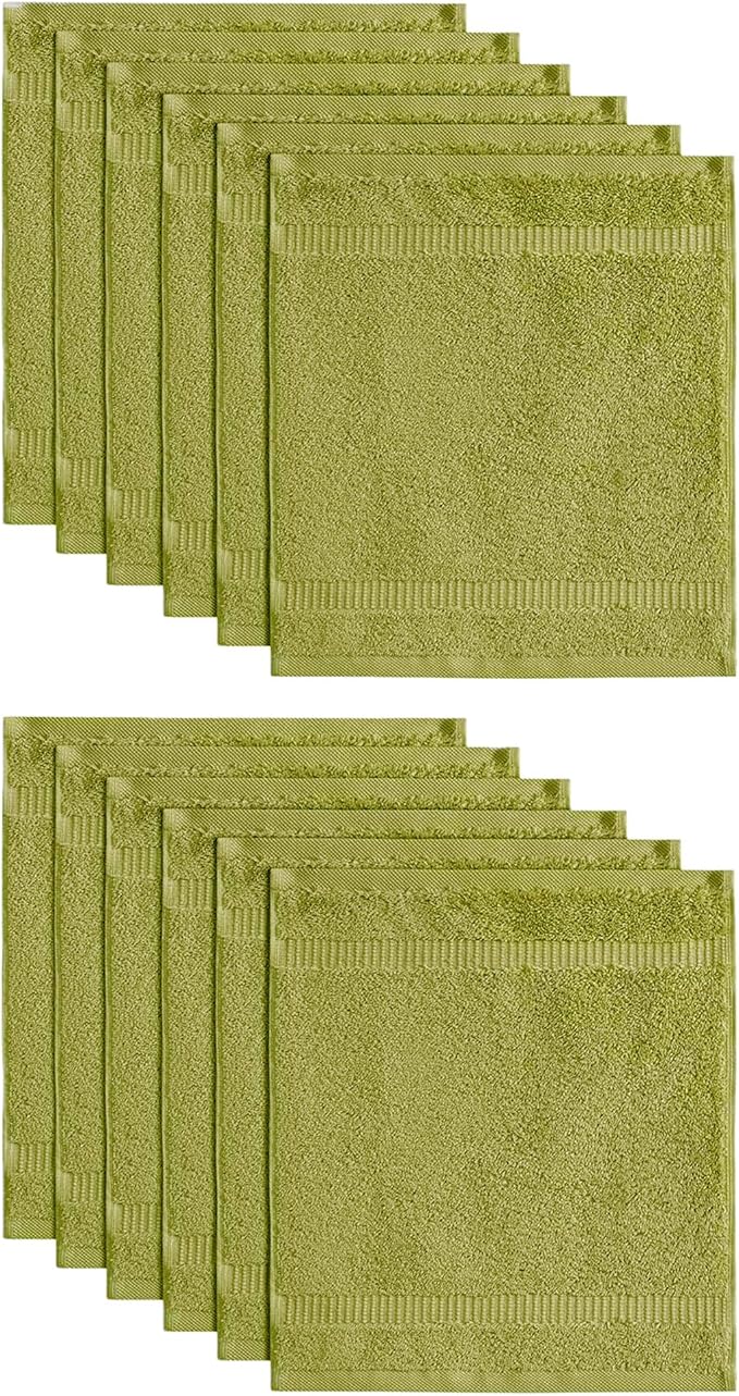 SALBAKOS 100% Turkish Cotton Washcloth Set of 12 13x13 inch | Heirloom Quality | Hotel & Spa Collection | Ultra Soft, Super Absorbent, Washcloth Towels | Made in Turkey (Green, 12 Washcloths)