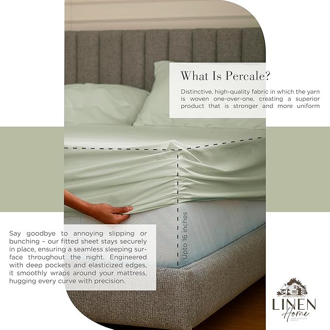 Linen Home 100% Cotton Percale Sheets Twin Size, Sage, Deep Pocket, 3 Pieces Set - 1 Flat, 1 Deep Pocket Fitted Sheet and 1 Pillowcase, Crisp Cool and Strong Bed Linen