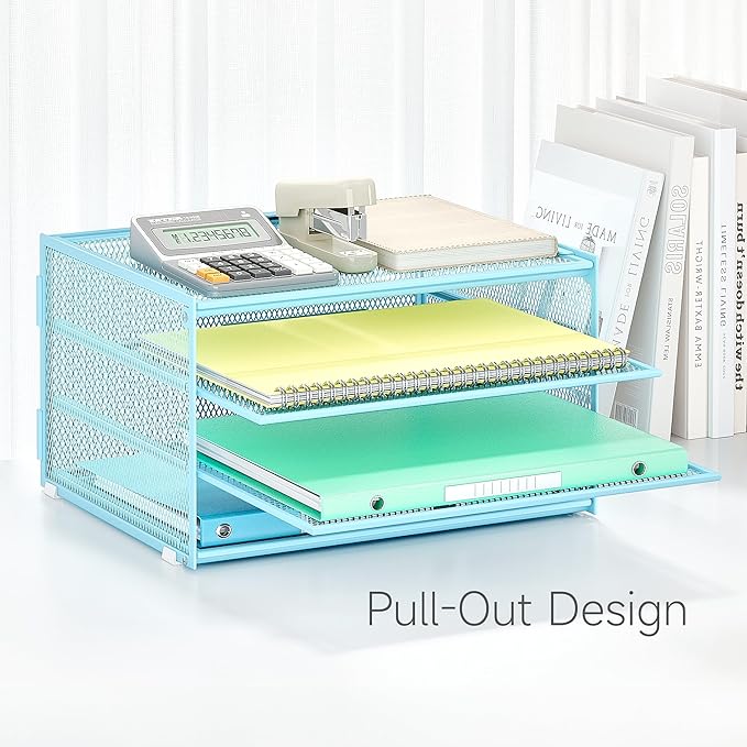 Lavatino 3-Tier Letter Tray Desk Paper Organizer – Blue Mesh Metal File Tray Organizer for Desk, Office Supplies & Home Organization | Fits A4/Letter Paper, Mail, Magazines and Office Accessories