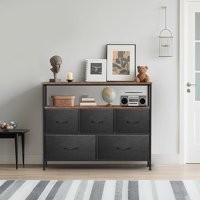 TV Stands for 42 inches TV, TV Stands for Living Room, Entertainment Center with Storage, TV Console with Open Shelves (Black and Rustic Brown)