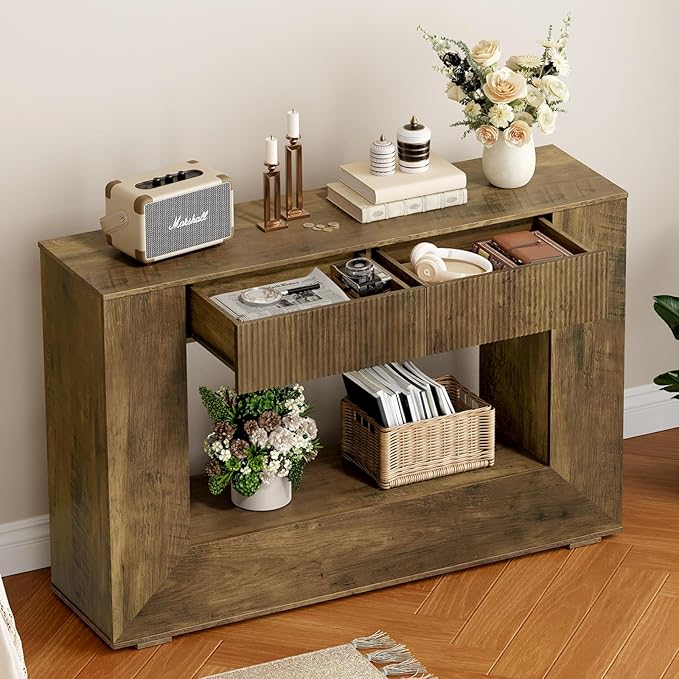 Farmhouse Console Table, 47 Inches Wooden Entryway Table with Storage, Fluted Sofa Table with 2 Handle-Less Drawers, for Entryway, Living Room, Foyer, Hallway, Dark Brown
