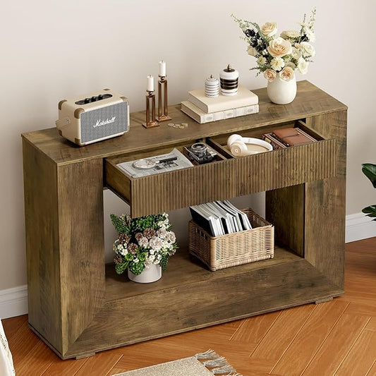 Farmhouse Console Table, 47 Inches Wooden Entryway Table with Storage, Fluted Sofa Table with 2 Handle-Less Drawers, for Entryway, Living Room, Foyer, Hallway, Dark Brown