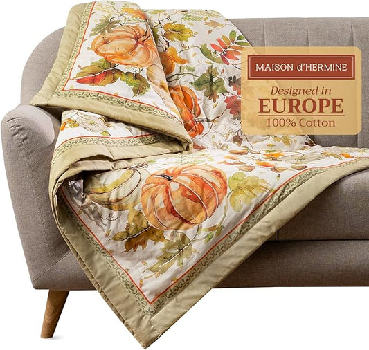 Maison d' Hermine Throw Blanket for Couch Lightweight Soft Warm Breathable Cotton Throw Blankets for Bed Girls Boys Women Men Gifts Sofa Travel Living Room Chair Bedding (50"x60", Pumpkin Passion)