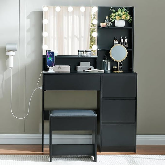 Black Vanity Desk with Mirror and Lights- Makeup Vanity Table Set with Power Outlet, 4 Drawers and Stool, Small Makeup Table with 3 Lighting Color Adjustable for Bedroom