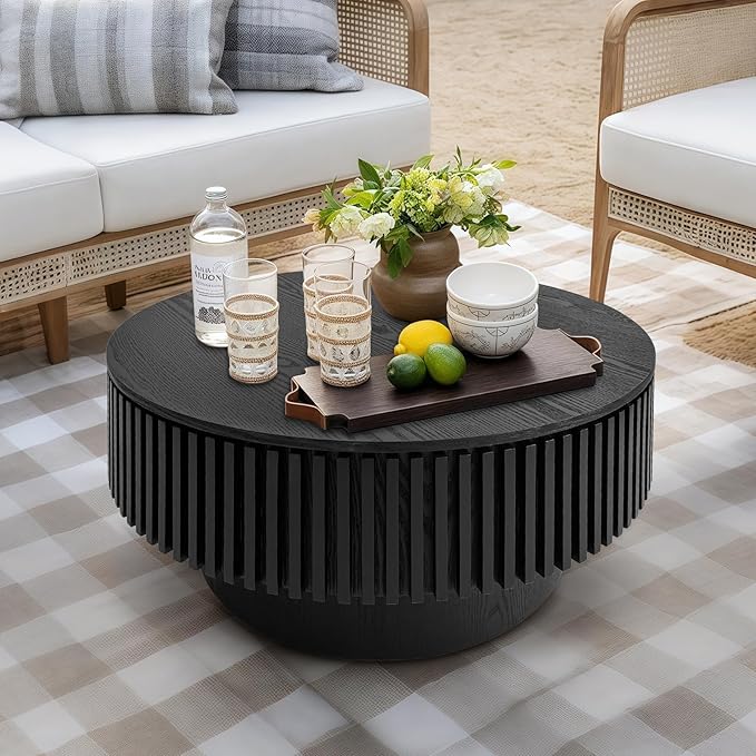 Round Coffee Table for Living Room,Fluted Drum Accent Tea Center Table with Storage,Circle Modern Coffee Tables for Small Space Office Apartment (31.5" L×31.5''W×14''H-Black)