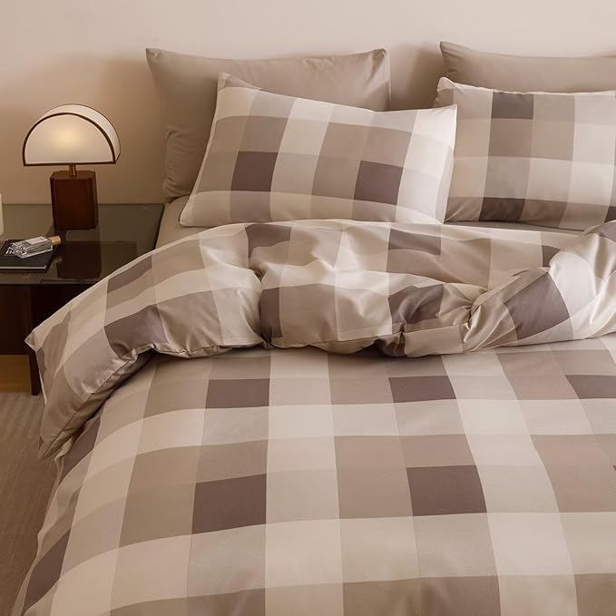 Luxlovery Checkered Beige Khaki Comforter Set Twin Gingham Plaid Comforter Teens Kids Bedding Set Fluffy Soft Grid Khaki and Red Blanket Quilts with 2 Pillowcases