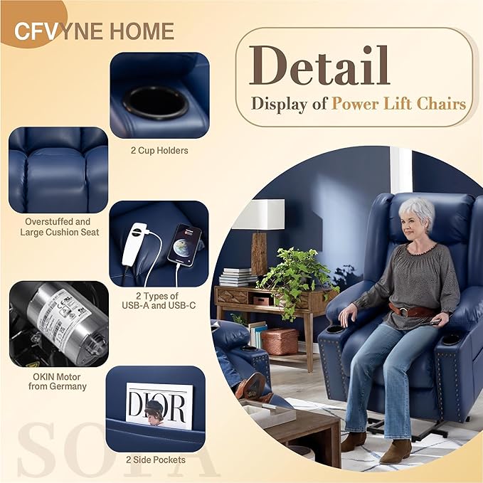 Large Power Lift Chairs Recliners for Elderly with Massage and Heat, Overstuffed Wide Lift Chair of Breathable Leather, OKIN Motor, USB-A & USB-C, 2 Cup Holder,2 Side Pocket Blue