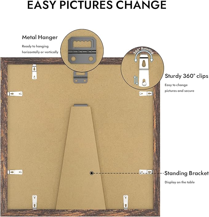 12x12 Picture Frame with Real Glass - 8x8 Wooden Frame with Mat, Horizontal and Vertical Display for Wall or Tabletop (Rustic Brown, 1 Pack)