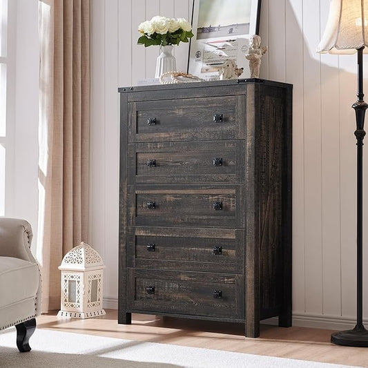 RedLemon Farmhouse 5 Drawer Dresser, 48" Tall Rustic Chest of Drawers, Wood Dresser for Bedroom, Living Room, Hallway, Dark Rustic Oak