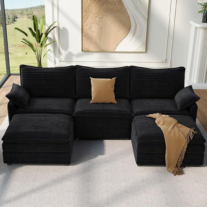 Vesgantti 108" U Shaped Sectional Couch, Comfy Cloud Modular Sectional Sofa with 2 Ottoman Deep Seat Corduroy Modern Cloud Sofa, Modular Sofas for Living Room, Bedroom and Apartment, Black