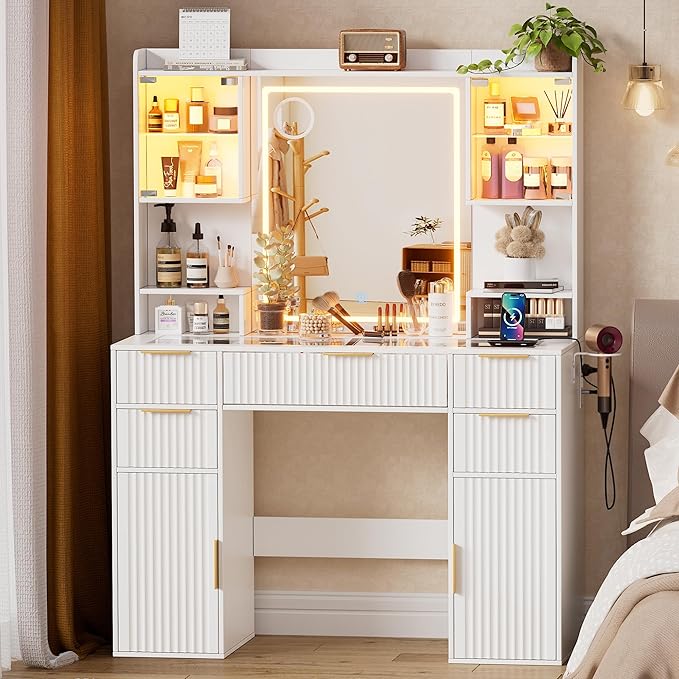 PAKASEPT Vanity Desk with Mirror and Lights, Fluted Makeup Vanity Desk with Lights 3 Colors, Glass Top Vanity with 16 RGB Colors Cabinet, 2 Shelves & 5 Drawers & Power Outlet