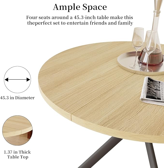 45.3'' Walnut Round Dining Table Set for 4, Mid Century Modern Small Coffee Set for Dining Room Kitchen Apartment (Cream Table + 4 White Chairs)