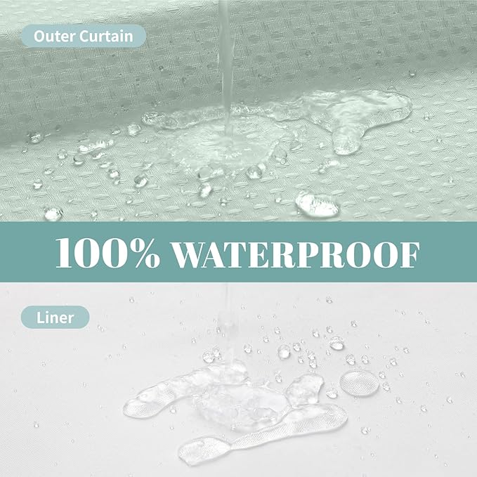 MintGreen Long No Hook Waffle Weave Shower Curtain with snap-in Liner Replacement, 230GSM Waterproof Fabric Hotel Shower Curtain Set for Bathroom, Through Mesh Top Window,71Wx80H