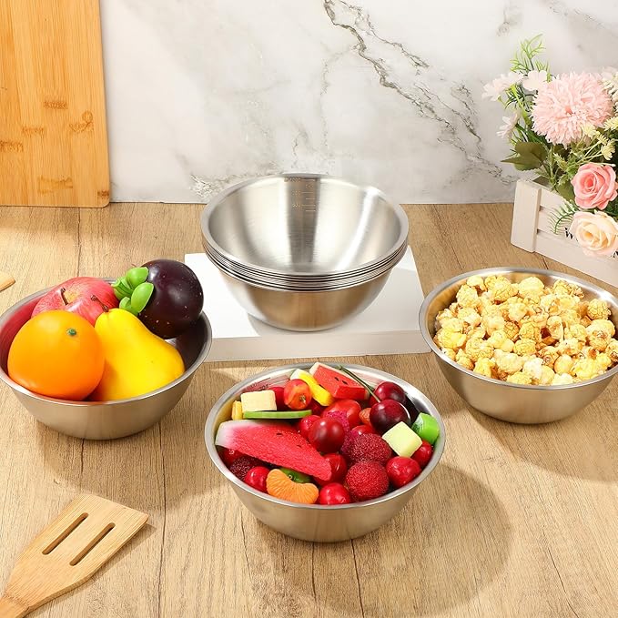 Honeydak 12 Pcs 304 Stainless Steel Mixing Bowls with Graduations, Salad Bowls Metal Serving Reusable Baking Food Storage Containers for Baking, Cooking, Salads, Soups, Ice Cream, Noodles (40 oz)