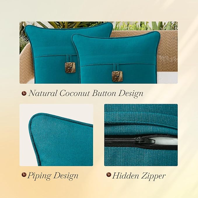 Outdoor Sunbrella Decorative Pillows with Coconut Button Pack of 4, 18" x 18" Outdoor Pillow Set for Couch Bed Throw Patio Sofa, Spectrum Peacock
