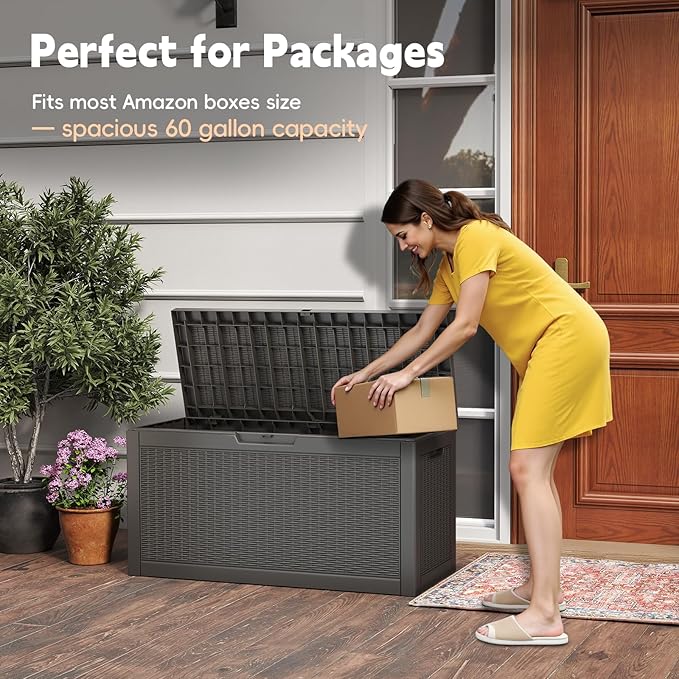 Outdoor Storage Box, 60 Gallon Waterproof Resin Deck Box, Storage Bin for Package Delivery, Patio Furniture Cushion, Garden Tools, Pool Accessories, Weatherproof and UV Resistant, Black