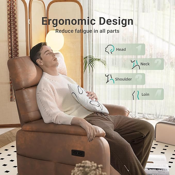 Claiks Power Swivel Rocker Recliner Chair, Oversized Recliner Chairs for Adults, Tech Cloth Overstuffed Reclining Chair with USB and Type-C Ports for Living Room, Brown