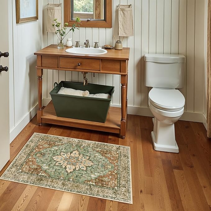 Area Rugs 2'x3' Washable Non-Slip, Floral Vintage Distress Print Pattern Medallion Carpet for Living Room Bedroom Dining Room, Brick Red Rust Neutral Brown Burnt Orange Green