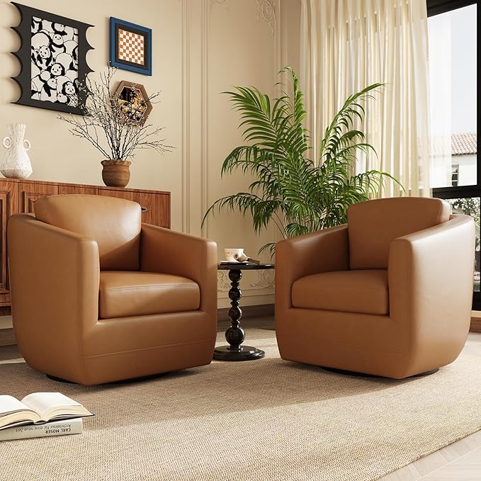 COLAMY 360° Swivel Accent Chair Set of 2 with Pillow - Comfy Living Room Armchair No-Sag Foam & Sturdy Metal Base, Fully Assembled Swivel Accent Single Sofa for Bedroom Living Room, Office, Brown