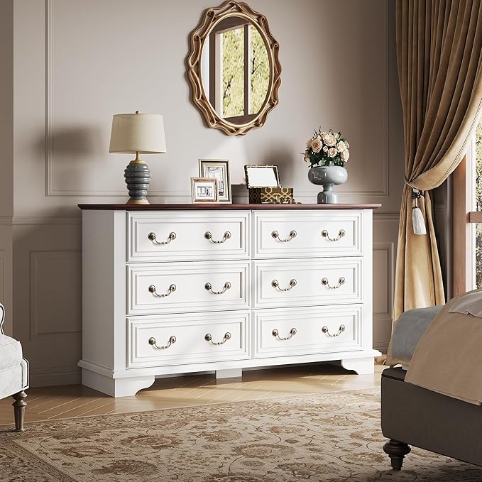 WLIVE Farmhouse Dresser for Bedroom, 51.97'' Wide Wood White Dresser with 6 Drawer, Chest of Drawers with Roman Metal Handle, TV Stand for 60 inch TV, for Living Room, Hallway