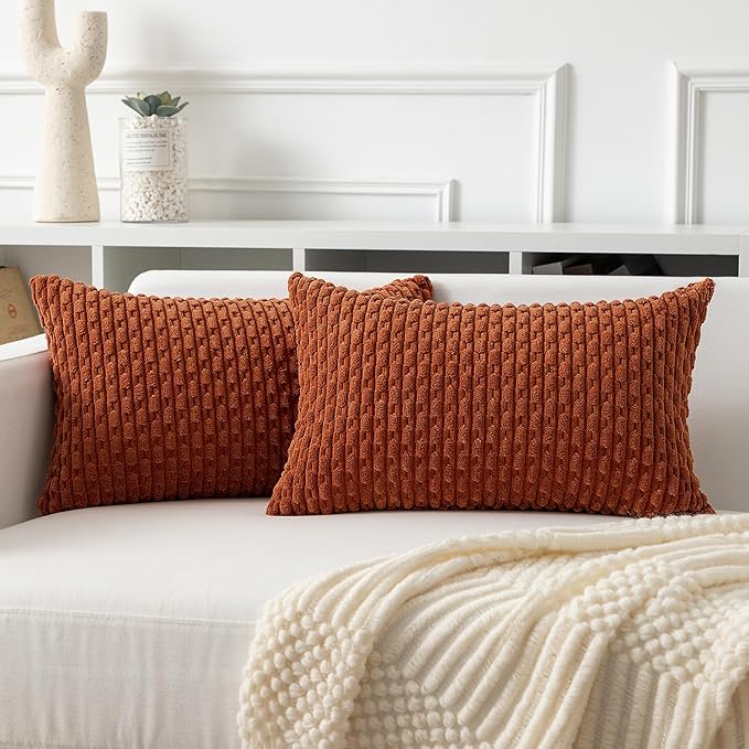 Kevin Textile Fall Throw Pillow Covers Soft Corduroy Decorative Set of 2 Boho Striped Pillow Covers Pillowcases Farmhouse Home Decor for Couch Bed Sofa Living Room 12x20 Inch Rust Brown